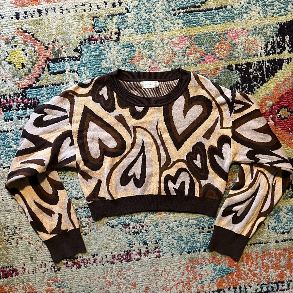 Altar'd State Woman’s Beige Brown Retro Hearts Knit Short Sweater Sz S